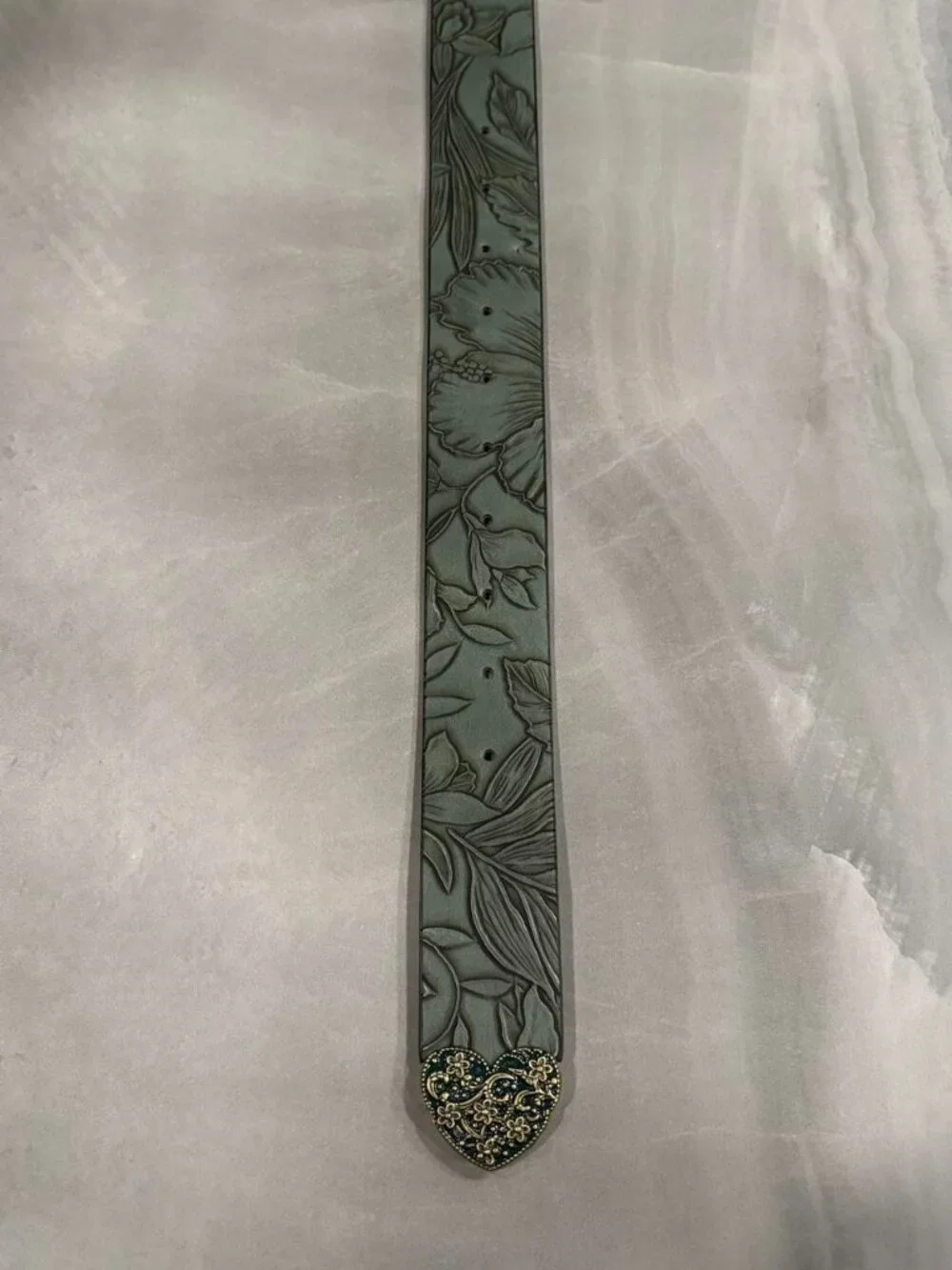 Forest Green Embossed Floral Bronze Buckle Belt